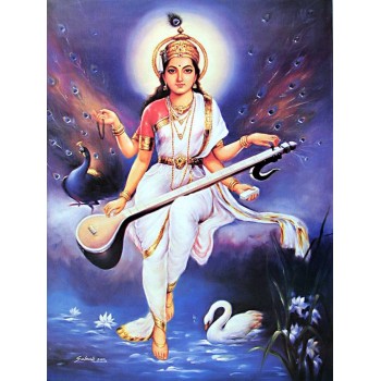 Goddess Saraswati sitting on rock